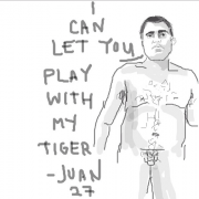 Illustration from the Grannypants series by Anna Gensler is an image of a naked man with a square jaw and a hairy chest. The text reasds "I can let you play with my tiger -- Juan 27"