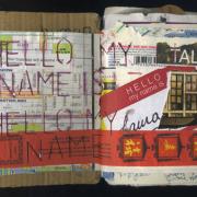 Hello My Name Is: Random Journal Page 173 by Laura Chenault is a collage that has a "Hello my name is" tage on the right hand side and those same words are stencilled across the left. A red chopstick wrapper spans the pages across the bottom. 