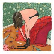 This drawing by Sally Nixon features a girl in black underpants putting on black tights. Clothes are strewn about the floor and she's next to a bed with a red quilt.