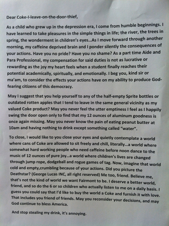 Dear Coke Thief by Passive Aggressive Notes
