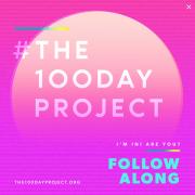7th Annual 100 Day Project graphic announcement. The text of the project and the phrases "I'm in! Are you? Follow Along" are on a pink background with a gradiated circle as the sun.