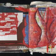 Beauty in Things: Random Journal Page 186 by Laura Chenault has a found word poem on the left side that's collaged with torn paper. The right side is dominated by a red mixed-media drawing that resembles a red rose or a vulva. 
