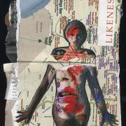 Likeness: random journal page 191 by Laura Chenault features a woman superimposed with a face that is on top of a map of Bodega Bay. The word likeness is collaged vertically in the upper right corner.