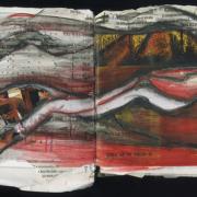 Red Hills is a mixed media collage by Laura Chenault. The picture is of an open sketchbook. torn magazine pages, and watercolor pencils combine to create a hilly, red landscape.