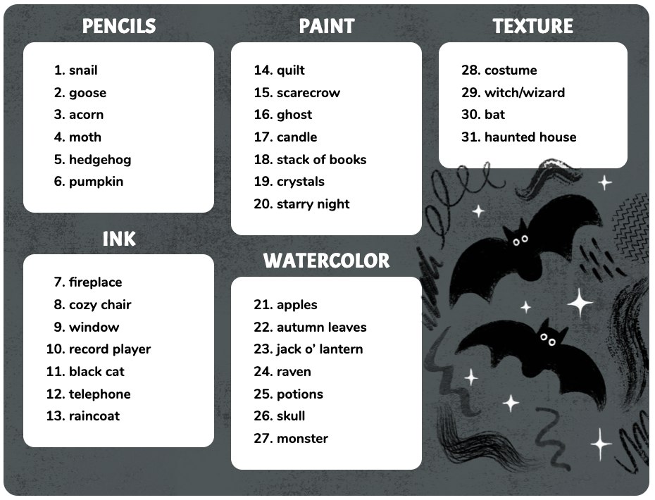 Brushtober prompts from Making Art Everyday. All text is transcribed below the image.