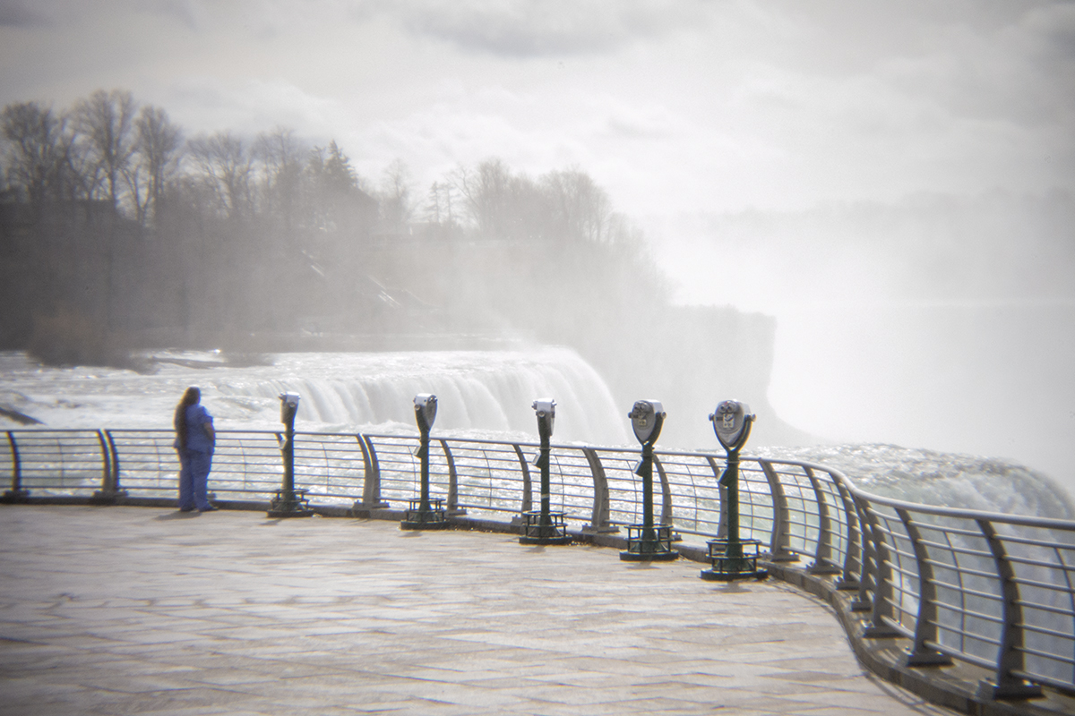 Isolation Falls by Laura Chenault selected as part of One Twelve's Internal Dialogue exhibit. A healthcare worker after a long shift enjoying empty Niagara Falls State Park 