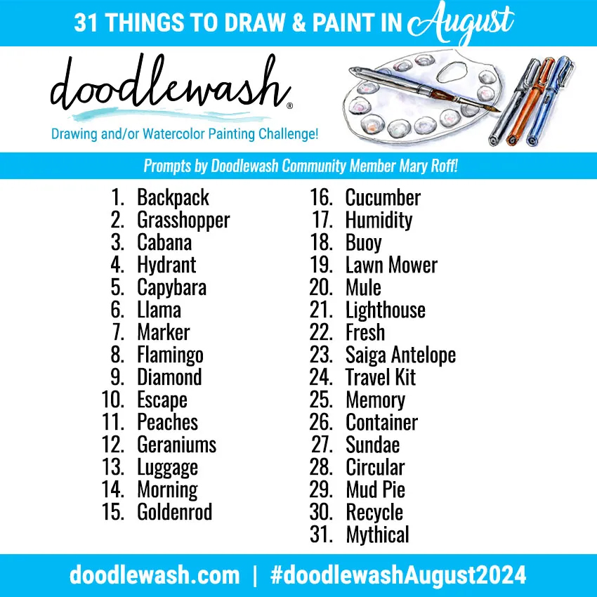 August Artist Prompts- Doodlewash 31 things to draw and paint in August. Text is below the image.