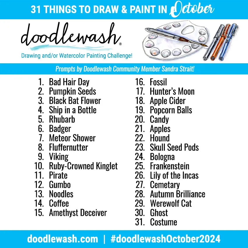 Doodlewash's October 2024 Art Challenge list. All text is transcribed below the image.