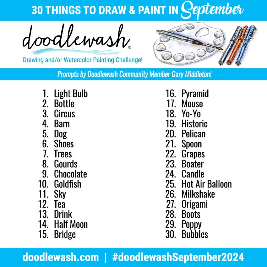 30 things to draw and paint in September. All text is transcribed under the image.