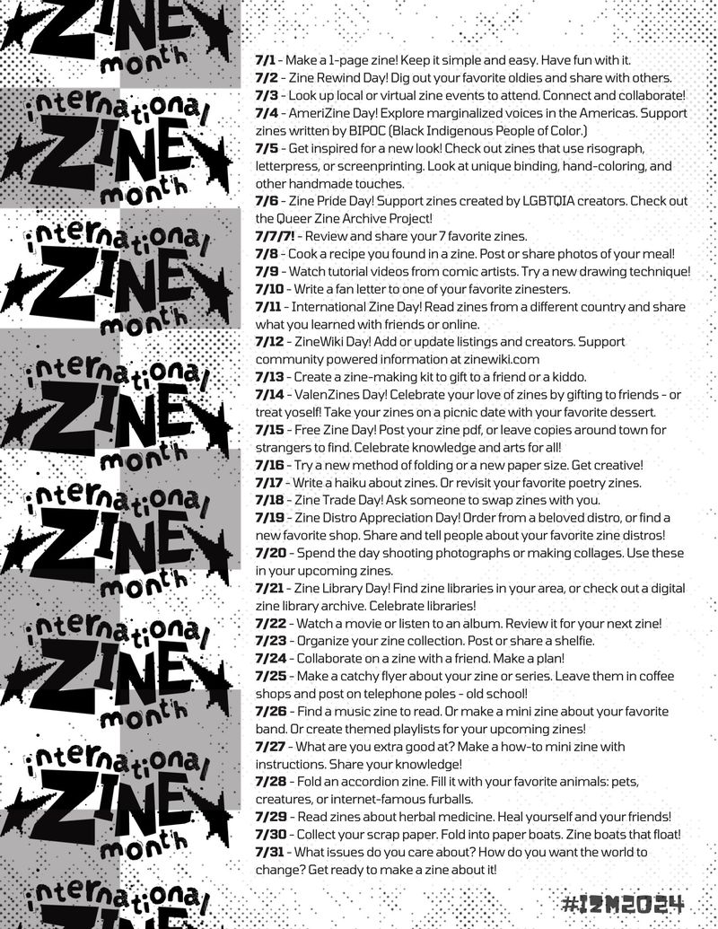 International Zine month poster has black text on a grungy background by Antiquated Future