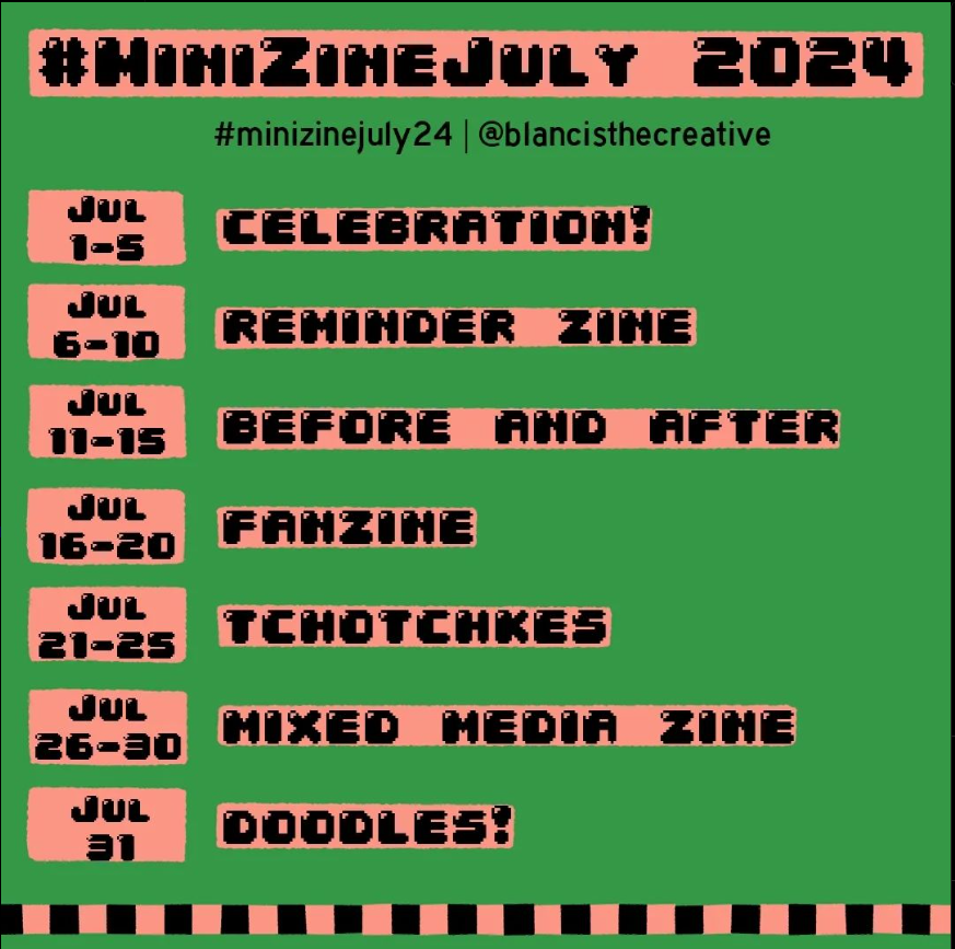 Mini zine July 2024 prompts in black text on salmon bubbles on a green background