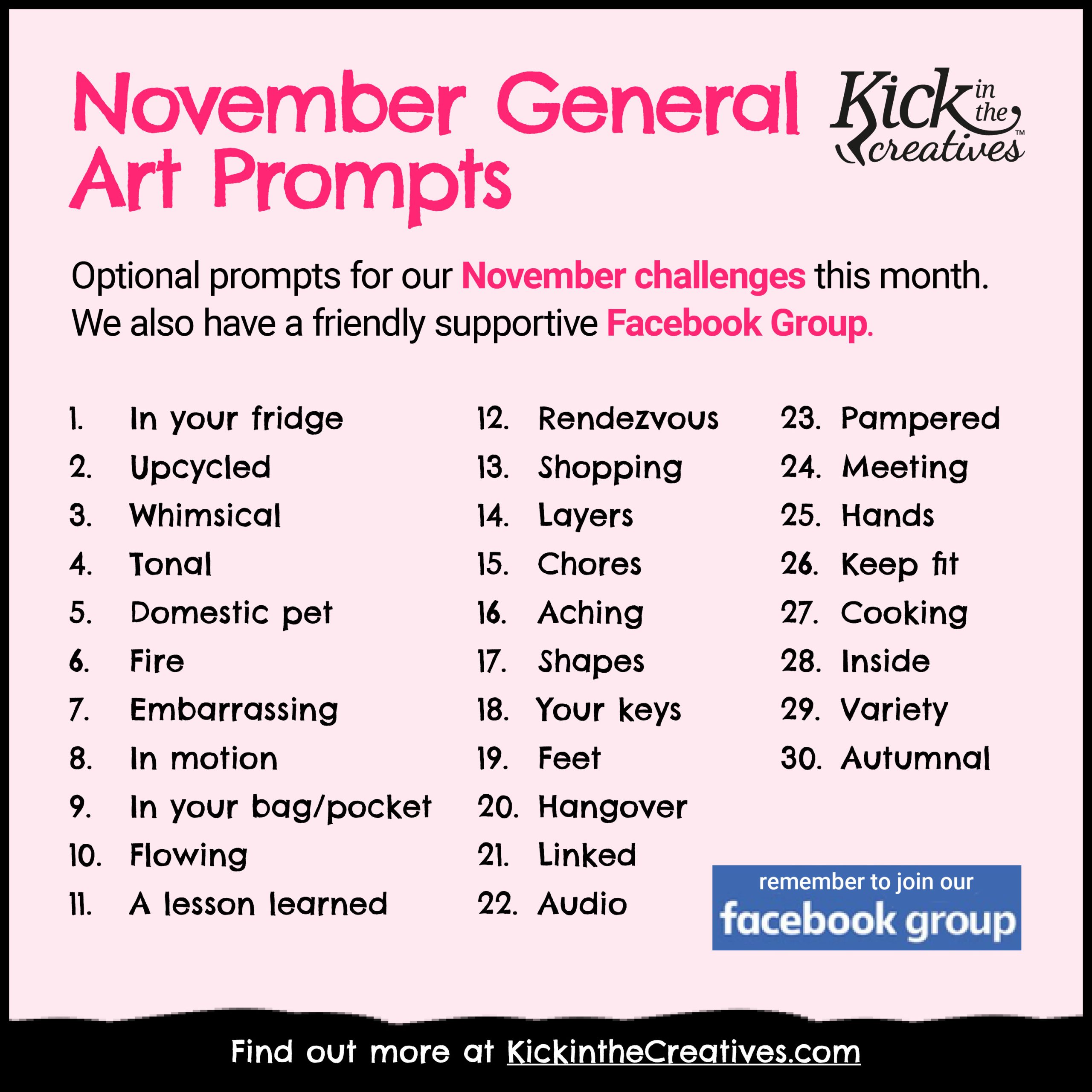 November Creative Prompts Kick in the Creatives November General Art Prompt List. All text is transcribed under this image.