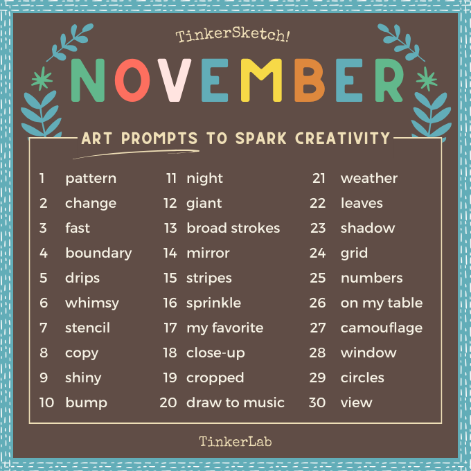 November Creative Prompts Sketchbook Art Challenge from Tinkerlab. The text is transcribed below the image.