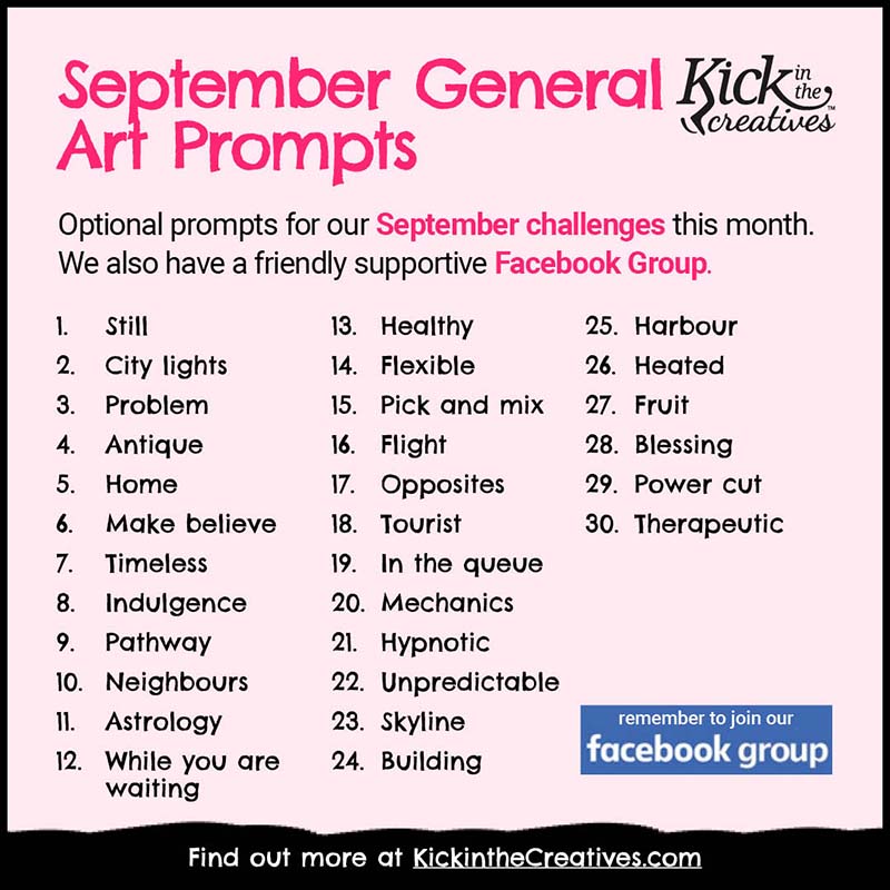 General Art Prompts for September from Kick in the Creatives. All text is transcribed below this image.