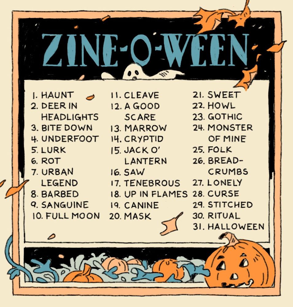 Zine-o-ween prompts by Kate Sheridan. All text is transcribed below the image.