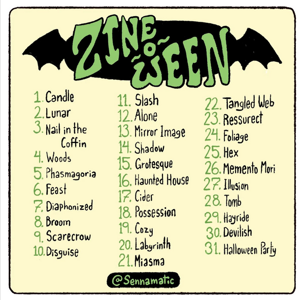 Zine-o-ween prompts by Senna Church. All text is transcribed below the image.