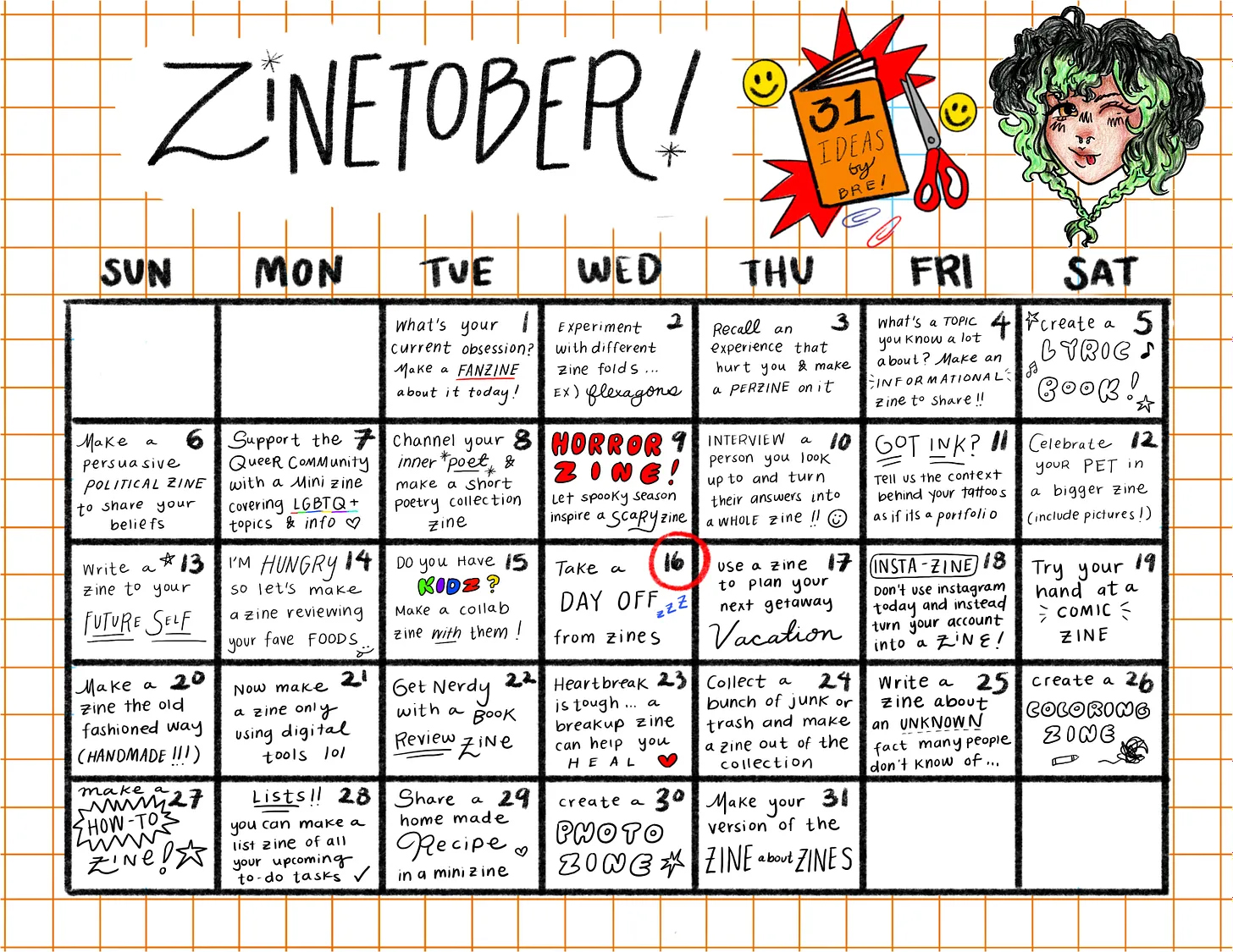 ZineTober prompts by Bratty Bre. All text is transcribed below the image.