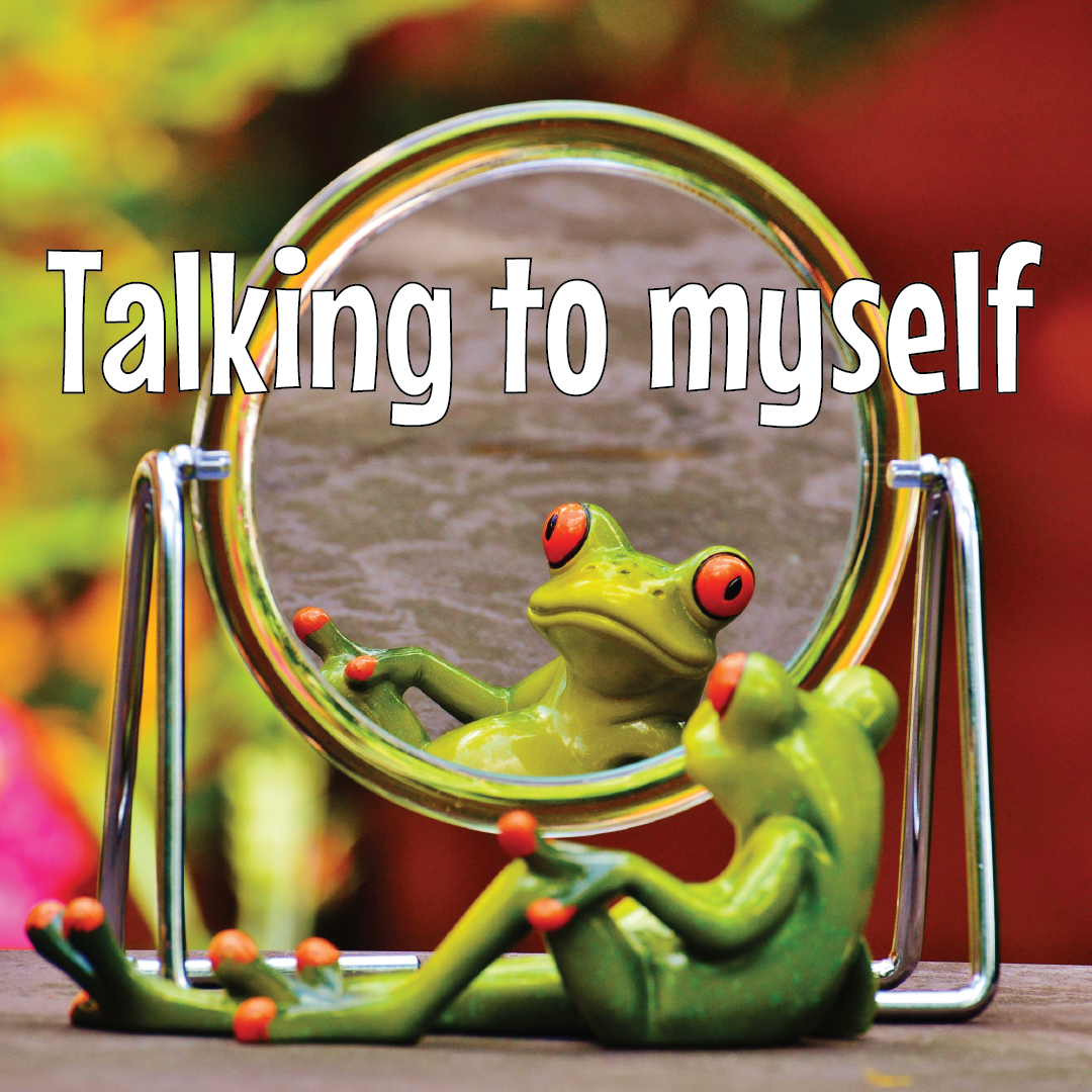 The Monthly Zine Project prompt for August is Conversations with myself. This text is superimposed over a frog looking at themself in a mirror.