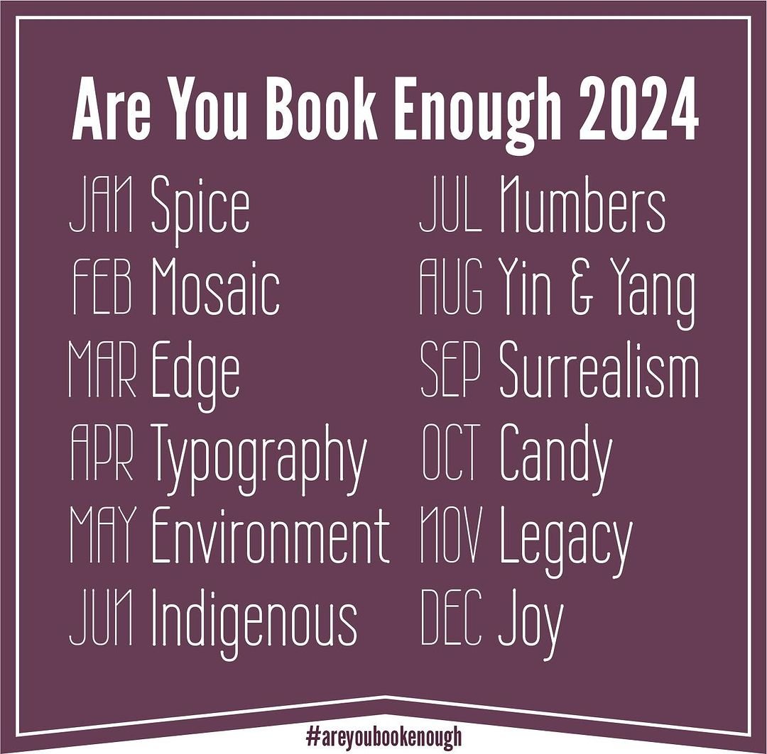 Are you book enough 2024 themes has white type on a purple background.