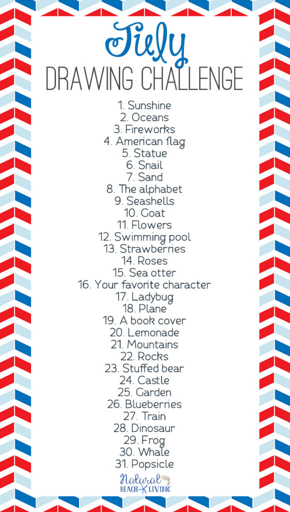 Beach Living's July Drawing challenge prompt list has red and blue chevrons with black text on a white background.