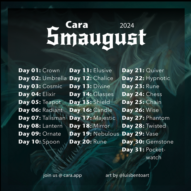 August Artist Prompts- Cara.app's Smaugust prompts. Text for prompts is in body below image.