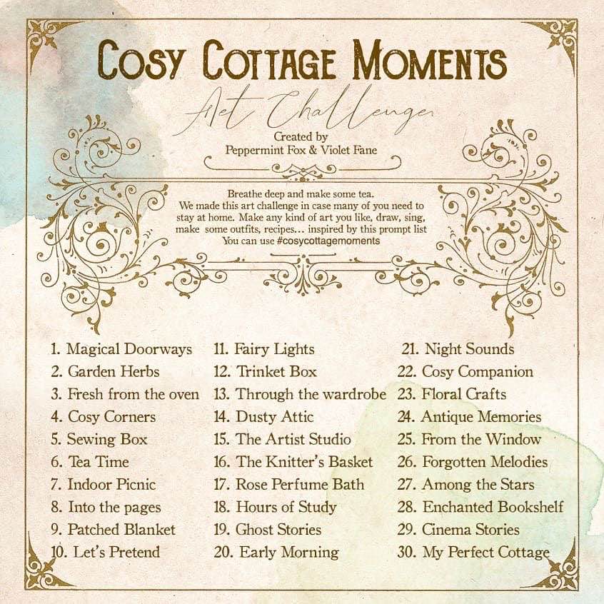 Cosy Cottage Moments art challenge has golden brown text and ornaments on a parchment background.