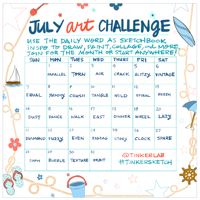 July calendar with daily prompts in red, white, and blue colors