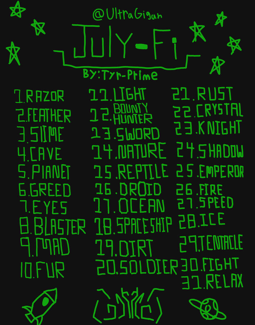 July-fi prompts from Tyr-Prime has green handwritten text on a black background.