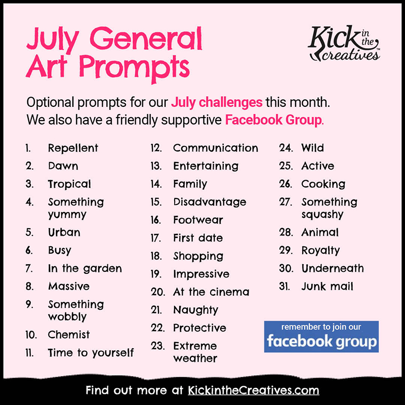 Kick in the Creatives July General Art Prompts are in black text on a light pink background.