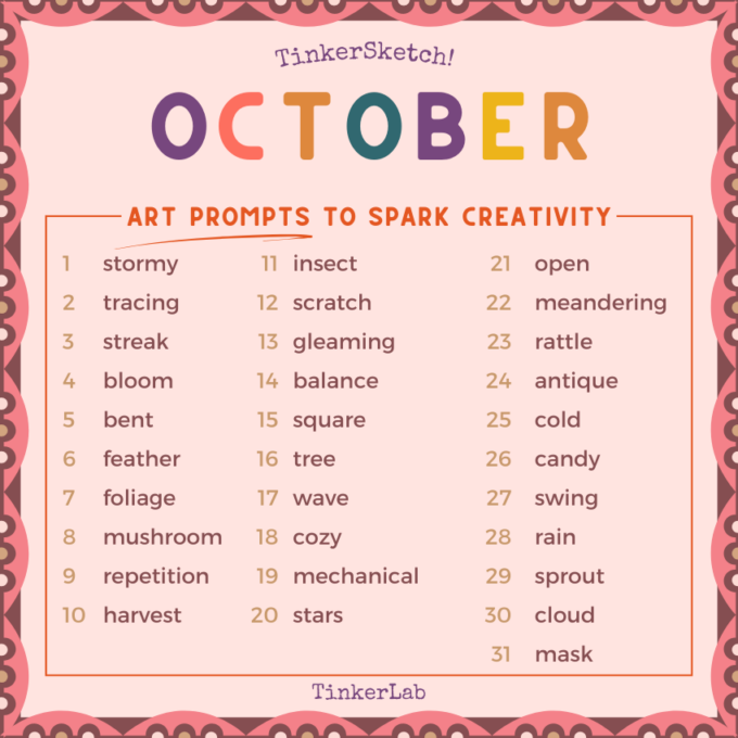 TinkerSketch's October Artist Prompts. All text is transcribed below this image.