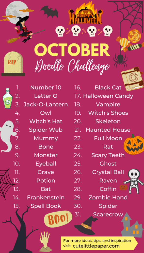 Cute Little Paper's October Doodle Challenge. All prompts are trancribed below the image.