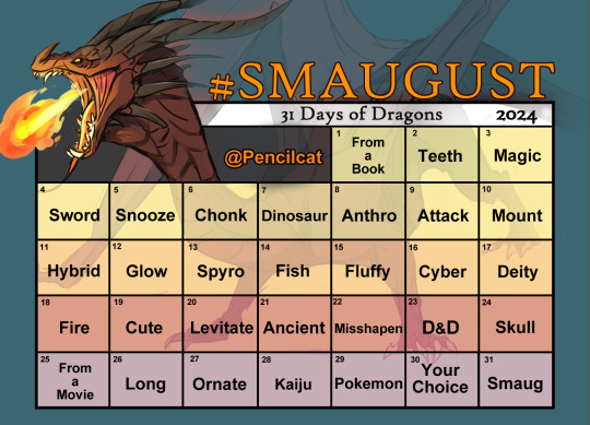 August Artist Prompts- Pencilcat's Smaugust 31 Days of Dragons 2024. Text for prompts is in the body.