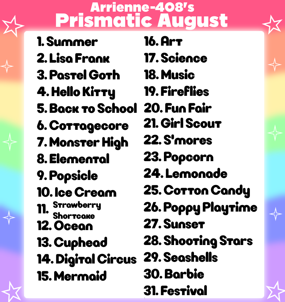 August Artist Prompts- Arrienne 408's Prismatic August drawing prompt list. Text is in the body under the image.