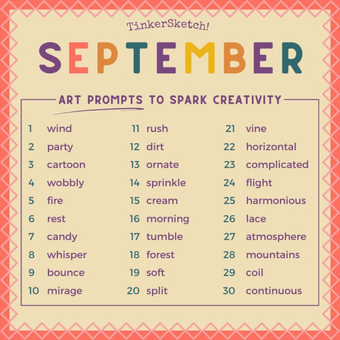 September art challenge prompts from TinkerSketch. List is in text below image.