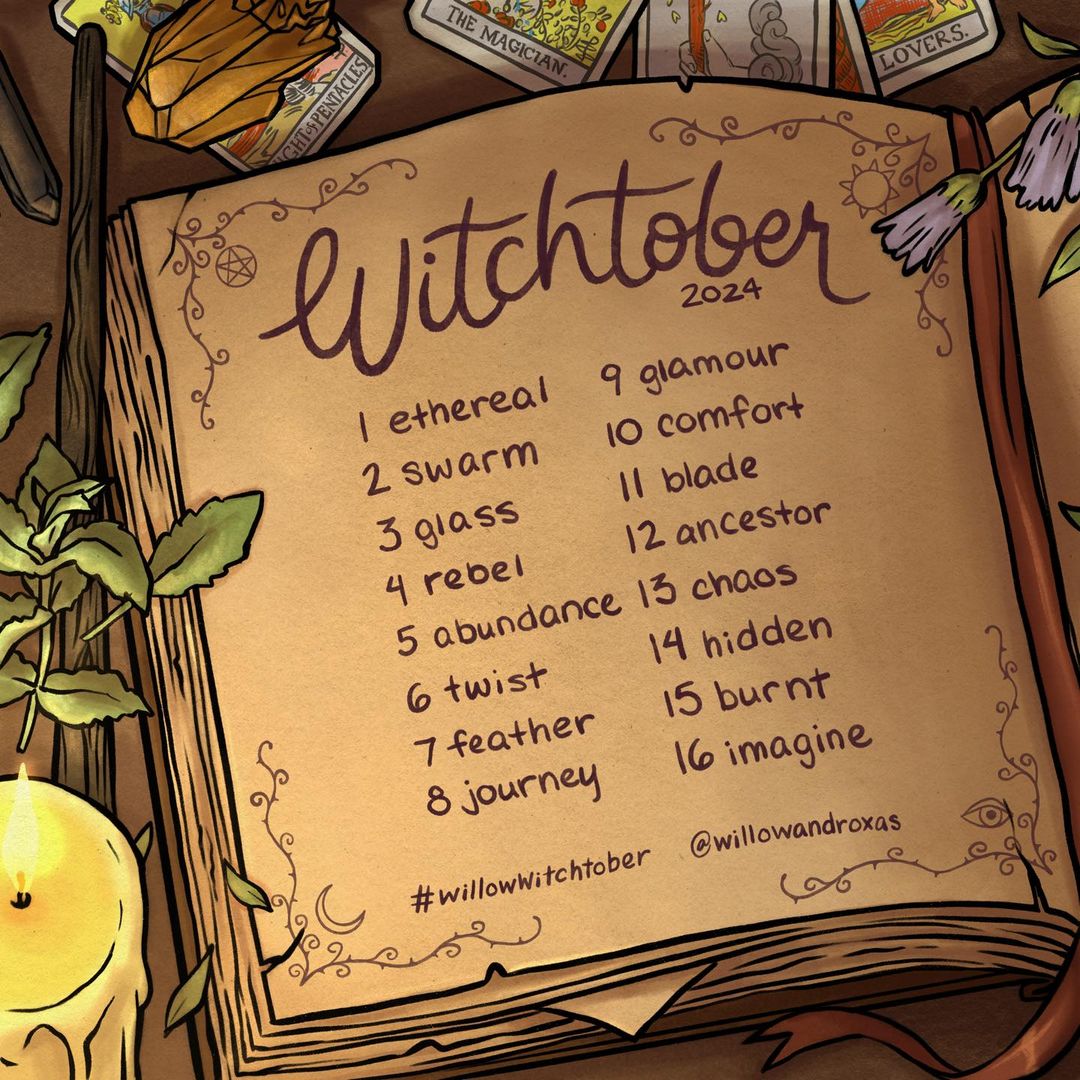 Witchtober prompt list from Willow and Roxas. All text is transcribed under this image.