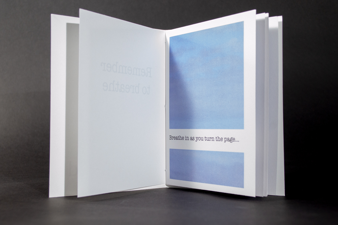 Inside spread of Pull a Thread has text over photos of clouds.