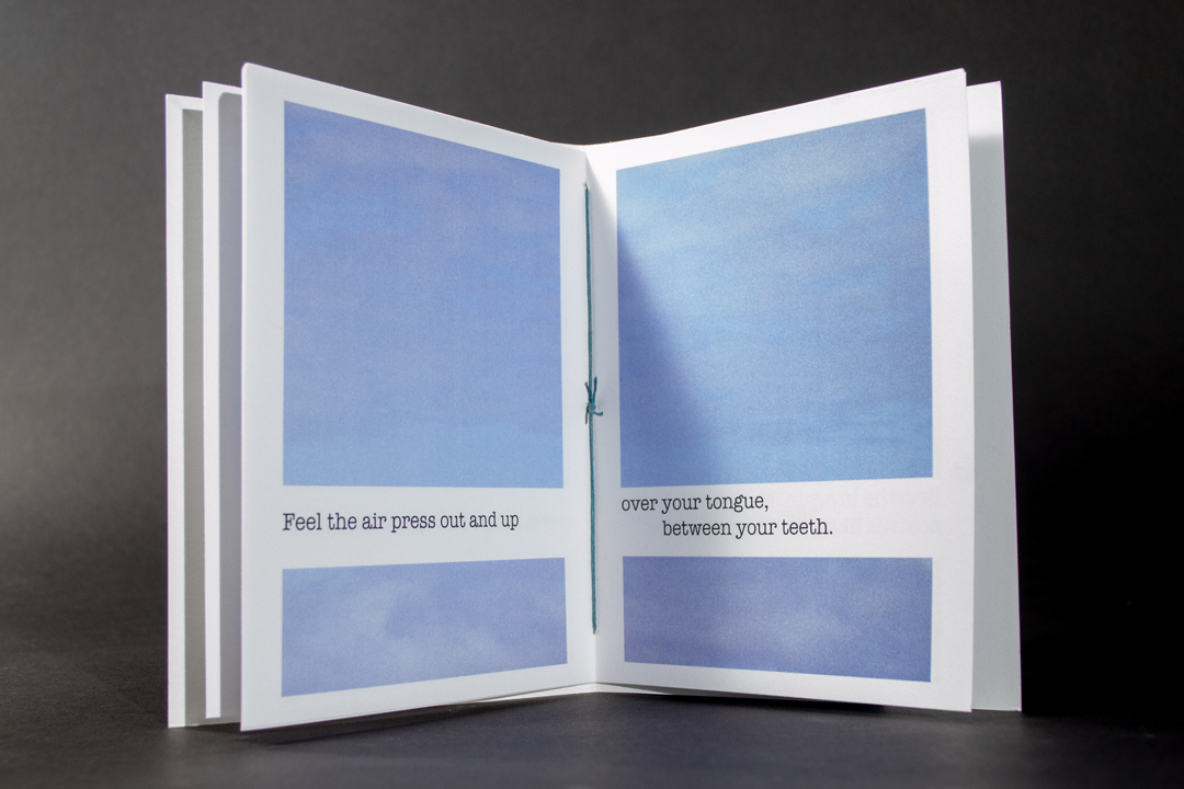 Inside spread of Pull a Thread has text over photos of clouds.