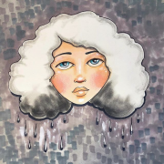 Inspired by Jamee Laws. Image from an Instagram post by Jaymee Laws called cloudy day. It's an illustration of a woman with a poofy white cloudy haircut with dark gray droplets 