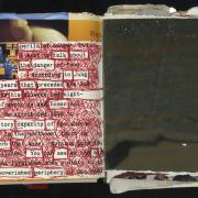 Random Journal Page 154 by Laura Chenault features a found poem created using redacted text that is paired with a photo mural piece that is stained with fix.