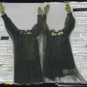Rooftop: Random Journal Page 160 is a collage with two headless figures in choir robes holding their hands up. To their left and right are random cut up words and phrases.