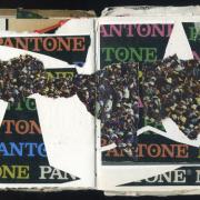 Pantone: Random Journal Page 169 by Laura Chenault has scraps of paper with Pantone written on it in rainbow colors scattered around a white background. Across the spread is an image of a crowd torn into a swath of paper.