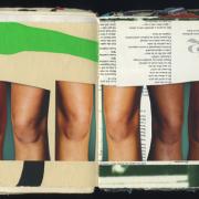 Knees: Random Journal Page 170 by Laura Chenault is a collage of three sets of knees in various skin tones. The background is a part of a poster on the left and CD liner notes on the right.