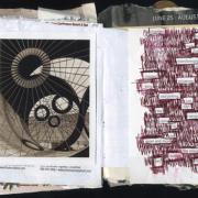 Changes Vacated Early: Random journal page 190 by Laura Chenault has a photograph on the left of circles and spokes and a found poem on the left. 