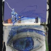 Cry Baby: Random journal page 188 by Laura Chenault is a mixed media spread that has torn purple paper on the top and gray field from a magazine. Across both, but mostly on the bottom is a blue and black, pencil and marker drawing of an eye.