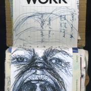 Work: Random Journal Page 172 by Laura Chenault is a self portrait in ballpoint pen of me screaming with the word "work" collaged overhead.
