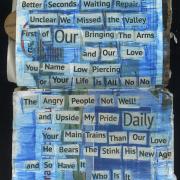 Give Don't Know: Random Journal Page 178 by Laura Chenault is a found poem with cut out words over a blue background. 
