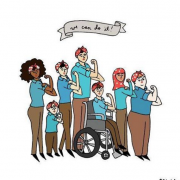 A drawing of seven women by Typer Feder via The Representation Project. The women are different colors, sizes, and abilities. All of them have one hand up in a powerful fist emulating the famous "We can do it" poster.