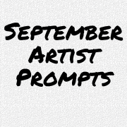 September Artist Prompts graphic has text on an envelope pattern background